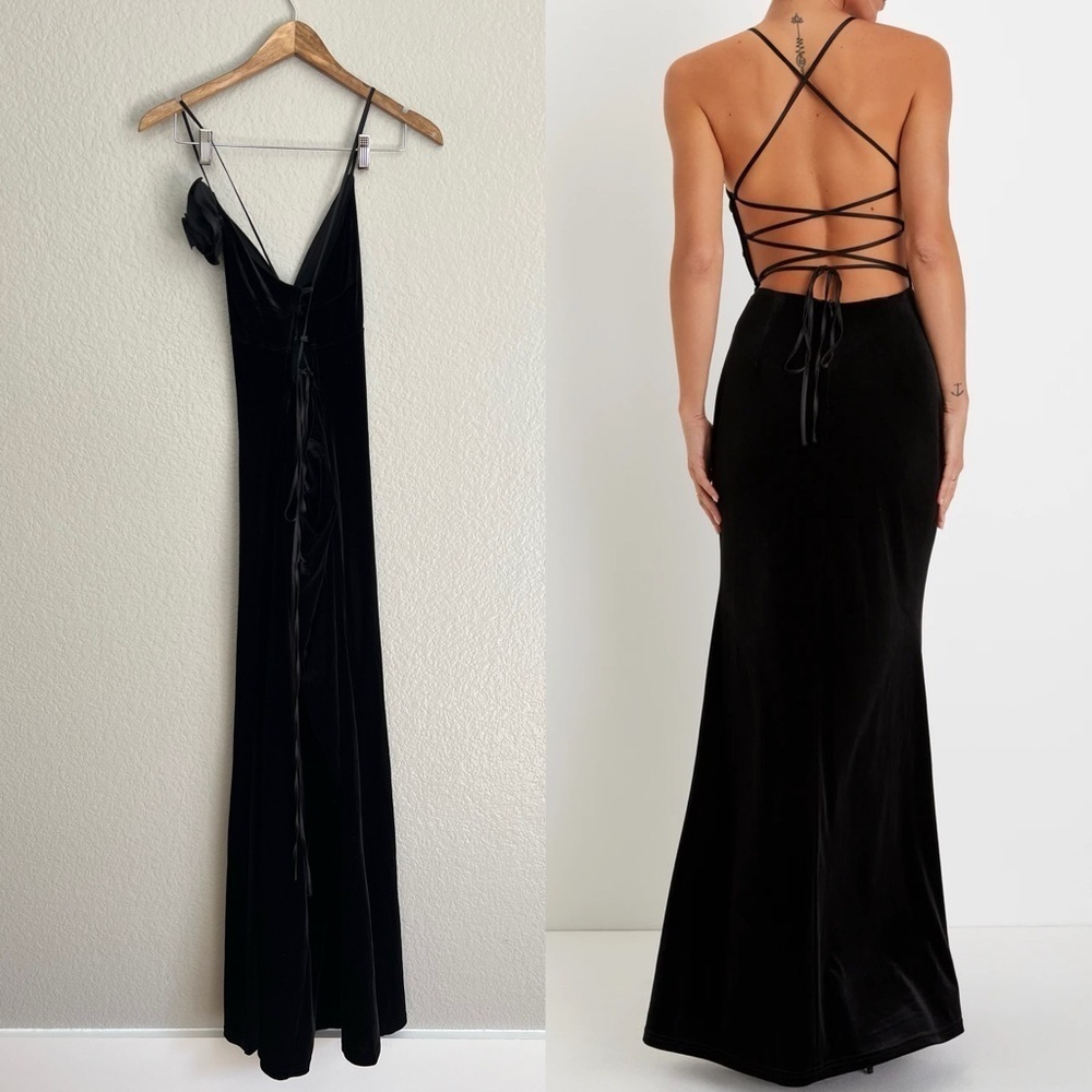 NWOT Got You Captivated Black Velvet Rosette Lace-Up Maxi Dress - Picture 3 of 9